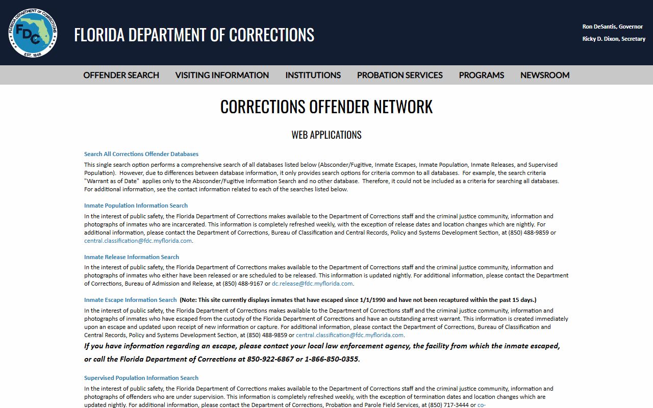 Florida Department of Corrections offender search for Zephyrhills Correctional Institution inmates