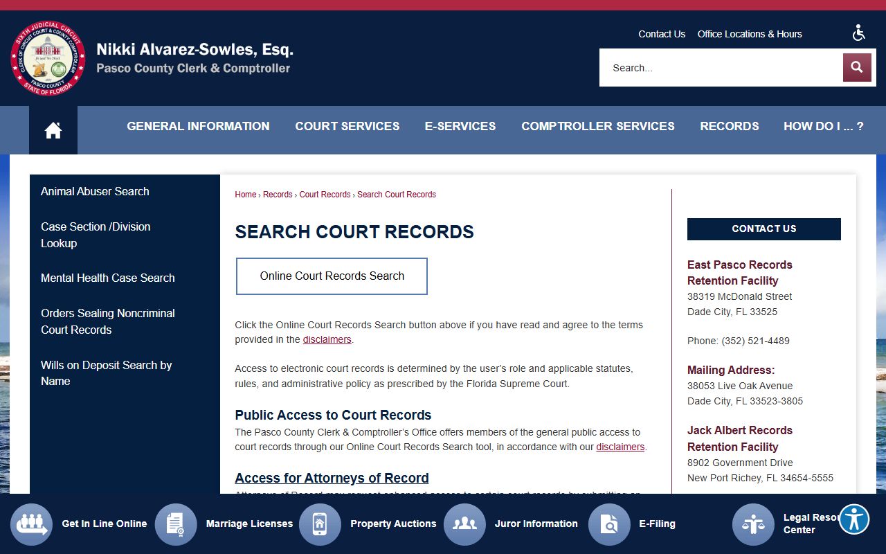 Pasco County clerk court records search page for court records after a jail arrest