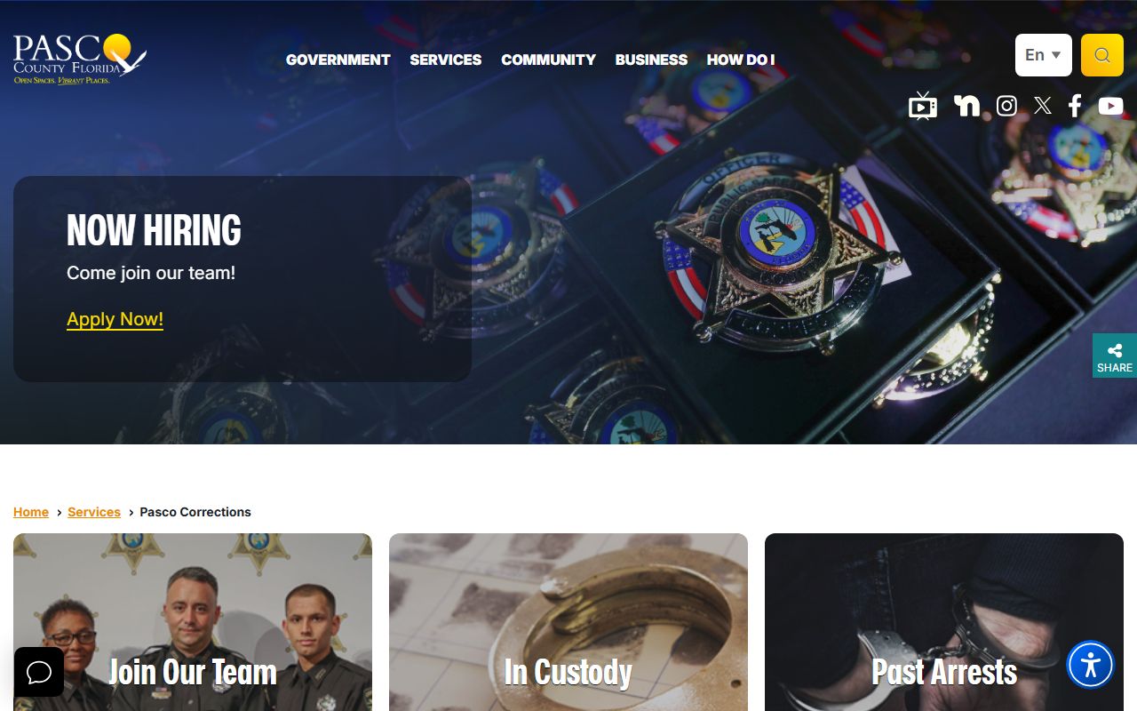 Pasco County Detention Center corrections landing page with inmate roster links