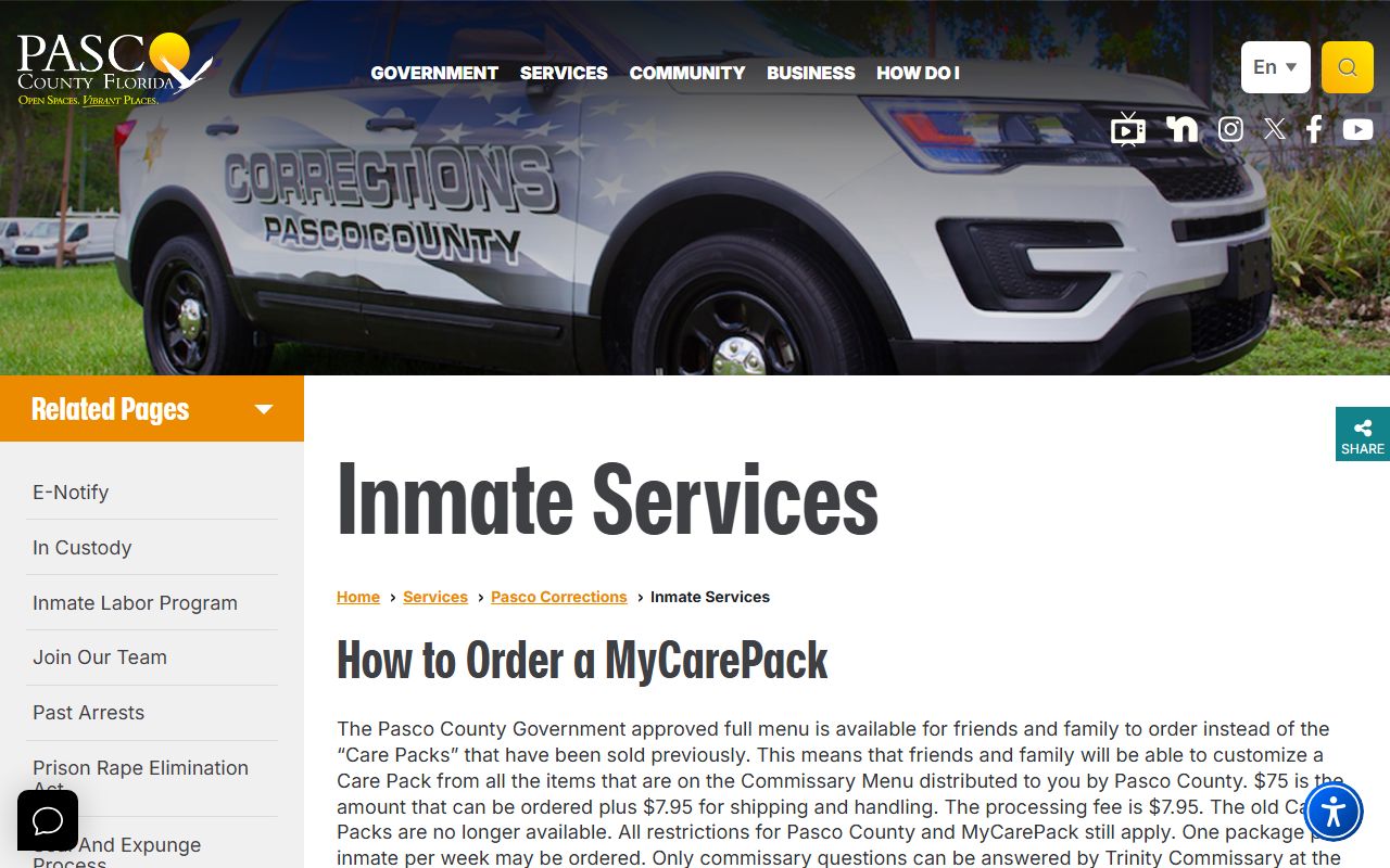 Pasco County Detention Center inmate services visitation and mail rules