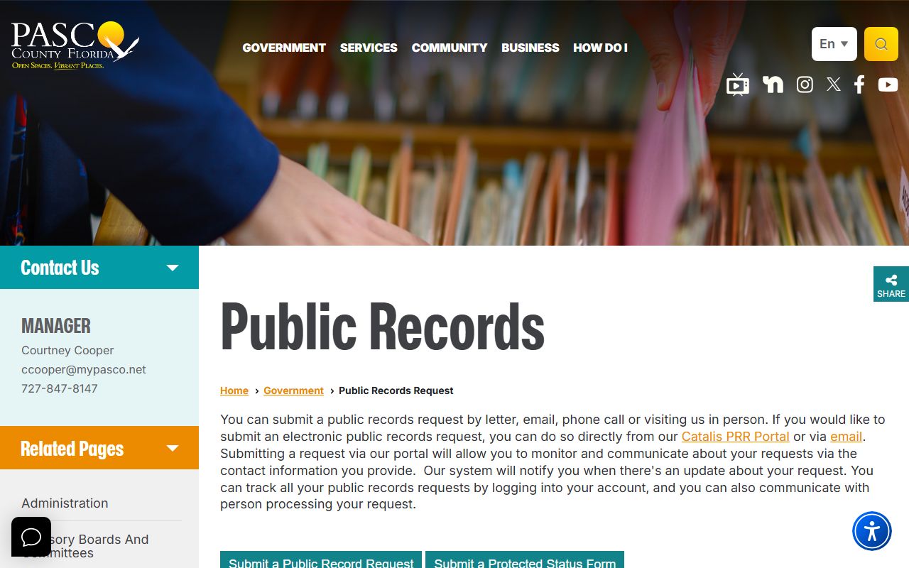 Pasco County public records page routing jail and sheriff record requests