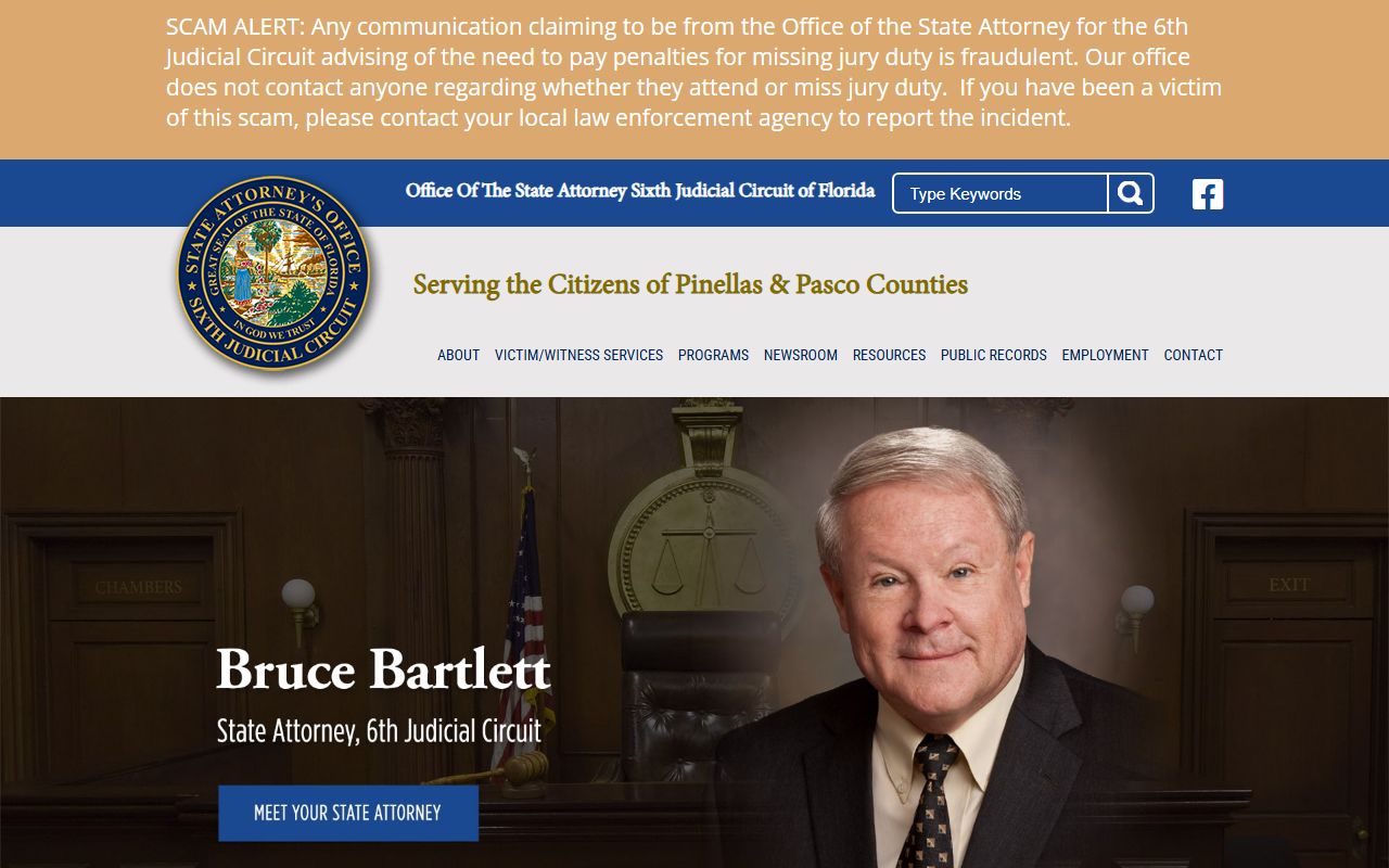 Sixth Judicial Circuit State Attorney homepage tied to Pasco County court records after an arrest